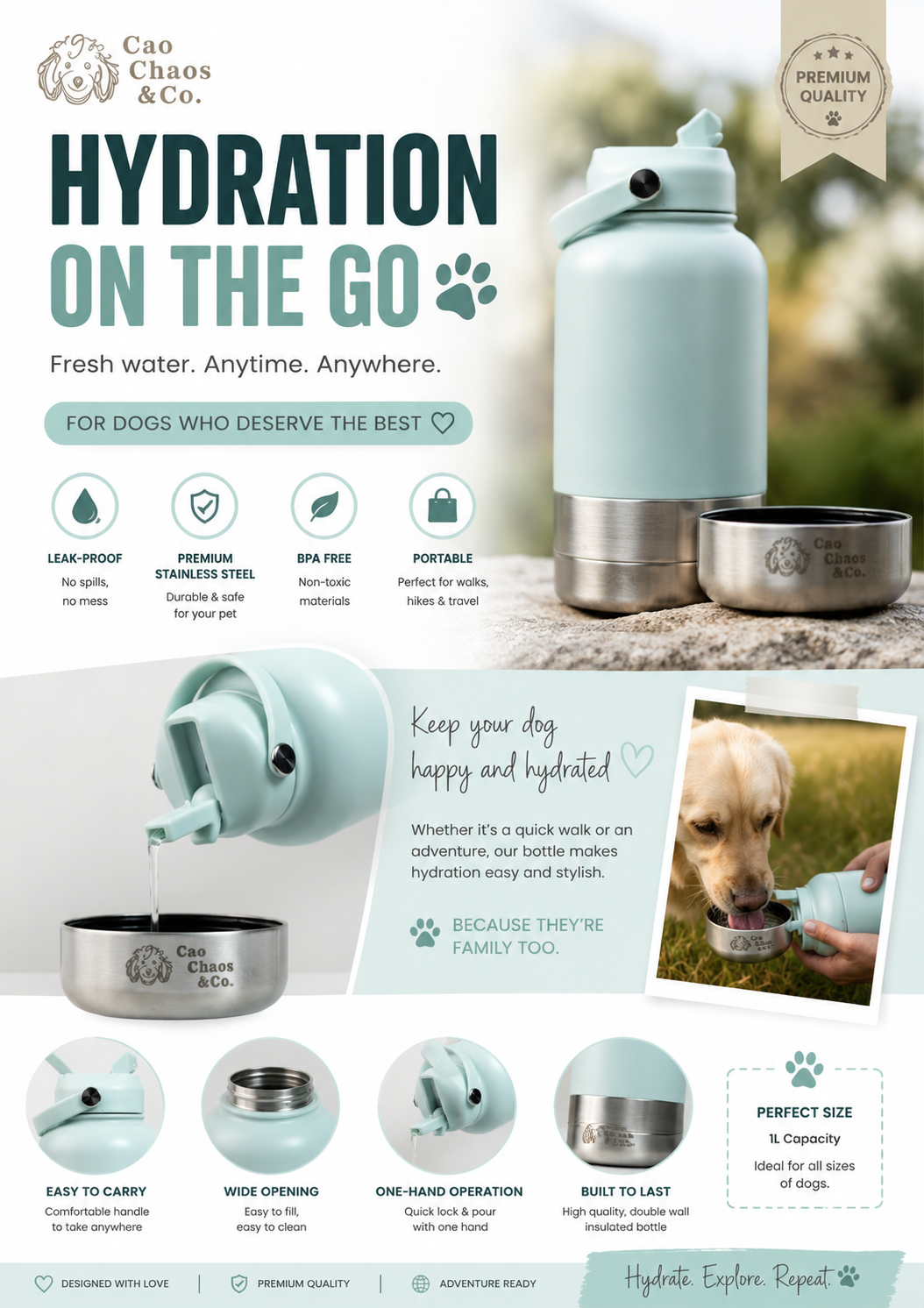 3-in-1 Insulated Dog Water Bottle | 32oz